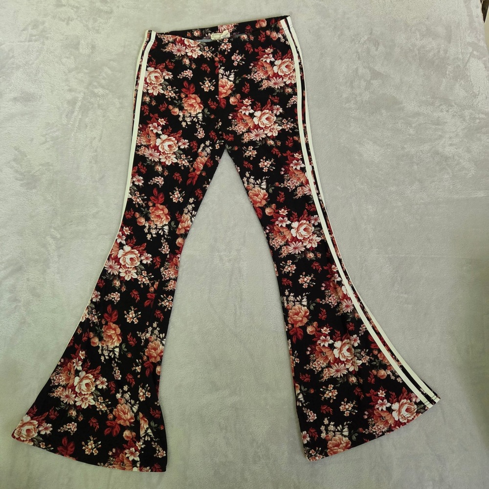 Floral Flare Leg Pants Black Red Rose Side Stripe Retro Boho HIppie Festival Lg